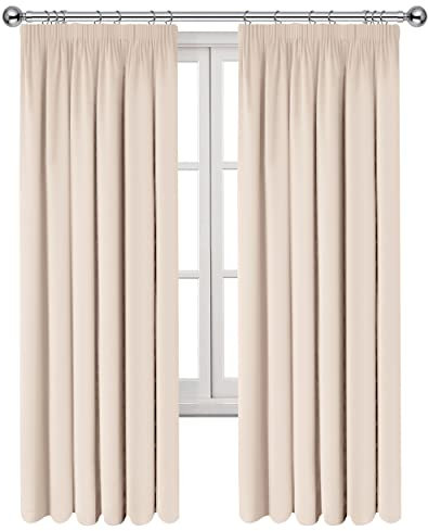 Imperial Rooms Blackout Curtains Pencil Pleat Cream Curtains for Bedroom - Super Soft Thermal Black Out Living Room Curtain with Matching Tie Backs W 66 by L 72 inch Pair Panels (168cm x 183cm)