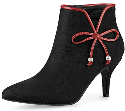 Allegra K Women Leopard Print Bow Pointed Toe Stiletto Heel Ankle Boots | Non-slip outsole. Cutout side with zipper closure. Slenderizing V-shape design. Elegant side angle.