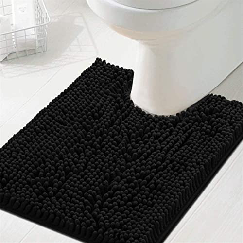 FASCINATDECO WC Vorleger mit Ausschnitt, ?50 x 60cm Hochflor Chenille rutschfest WC Teppich Weichen Mikrofasern Badematte Badezimmerteppich Kontur Toilettenmatte maschinenwaschba (Schwarz)