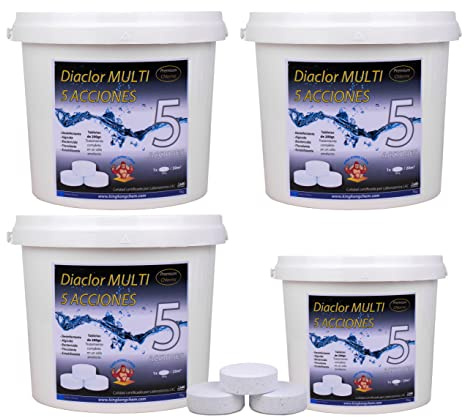 DIACLOR Multi 5 ACCIONES 200gr Pack 18kg - 3 Botes de 5 Kilos y 1 de 3 kg. Pastillas de Cloro para Piscinas envasadas Individualmente - Tratamiento Completo 5 Efectos - SIN Cobre