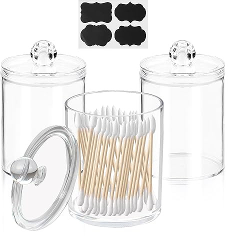 Swpeet 7Pcs in Set, 3 Pack Holder Dispenser for Cotton Ball, Cotton Swab, Round Pads 10 oz Clear Plastic Apothecary Jar Set for Bathroom Canister Storage Organization, Vanity Makeup Organizer