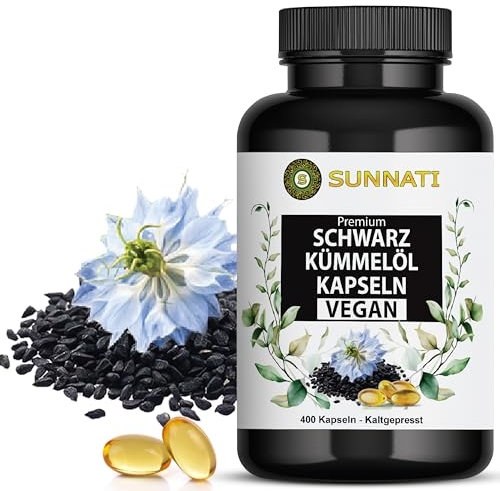 Schwarzkümmelöl - 400 Kapseln VEGAN - 1000 mg Tagesdosis hochdosiert - Kaltgepresst, Ägyptisch, mit Vitamin E, von Sunnati - In Deutschland hergestellt