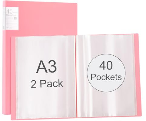 Srvnpioy 2 Stück A3 Päsentationsdisplay Buch, Sichtbuch in A3 Format, Mit 40 Klarsichthüllen für 80 Blatt, für Kunstwerke, Urkunden, Portfolio, Rosa