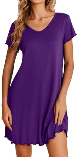 Ekouaer Nightgowns for Women Short Sleeve Sleepshirt V neck Short Nightshirt Pullover Soft Ruffled Sleepwear Purple XL