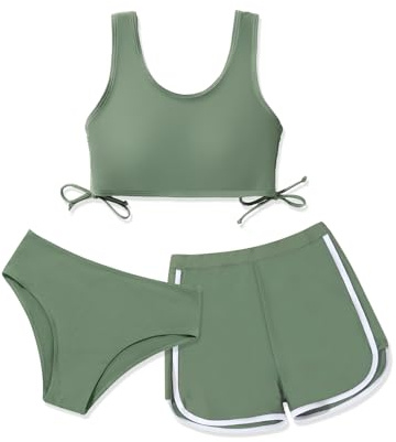 Girls 3 Pieces Swimsuit Bikini Set Bathing Suit with Shorts Sport Athletic Swimwear Tankini Sets for Girls