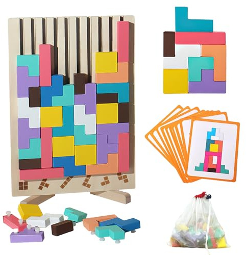 Pmueuff Tetris en Bois, Jouets éducatifs, Jeux Montessori 3 4 5 6 Ans, Puzzle Empilé Tetris avec Carte, Jouets Jigsaw, Multicolores, Blocs Géométriques, Cadeau pour Enfants