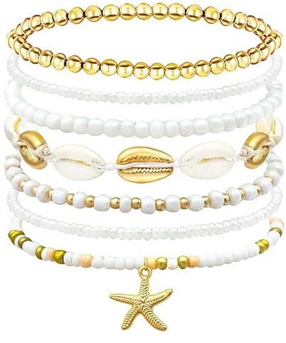 dinghaole Lot de 7 bracelets de plage d'été bohèmes, perles superposées, coquillages, étoile de mer, surfeur, ensemble de bracelets de cheville bohème, bord de mer, vacances, fête, amitié, bijoux