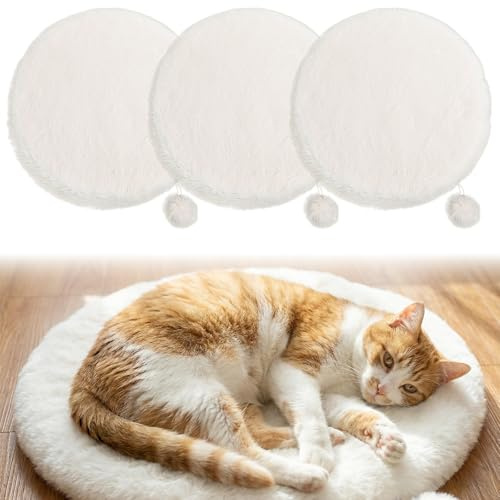 3-Pack 14 Round Pet Beds Faux Rabbit Fur Washable Cat Dog Bed Cushion Pad Mat, Replacement for Cat Tree Tower, Window Perch, Carrier, Crate, Kennel, White