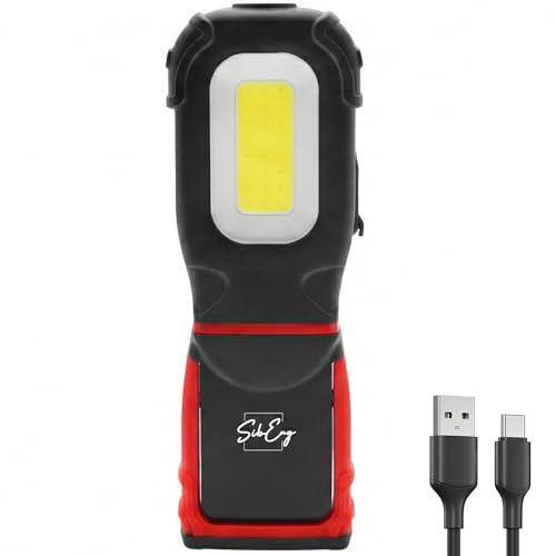SibErg Lampe de travail LED avec batterie (USB-C) - Lampe d'atelier pliable à 360° avec aimant, crochet et clip de ceinture - 500 lm COB - Lampe à main et lampe de poche pour voiture, camping et