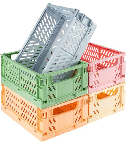 M.J COMFY-LIFE 5Pcs Collapsible Storage Crates, Foldable Plastic Storage Baskets with Handles & Labels, Stackable Organizer Box for Desktop, Kitchen, Bathroom, Office, Cabinet & Shelf Organizer