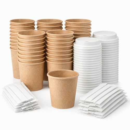 GASTROTOMI Vasos Desechables Café 180 ml, 200 Unidades con Tapa y Paletinas Enfundadas – Vasos de Cartón Desechables para Llevar, Resistentes para Bebidas Calientes, Hostelería y Eventos - Vasos Cafe