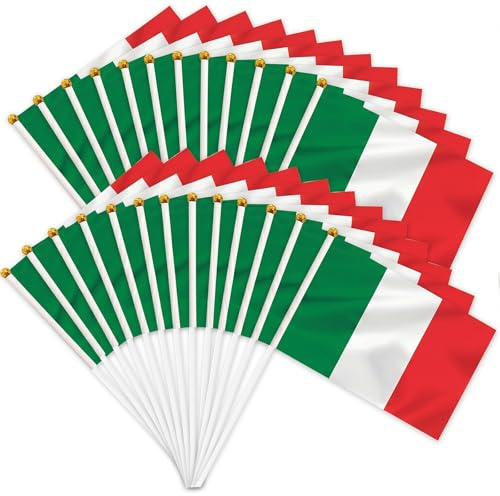 25 banderines italianos de mano con asta, bandera pequeña 21x14 cm para el Día Nacional, eventos deportivos, partidos de fútbol, fiestas y decoración interior y exterior