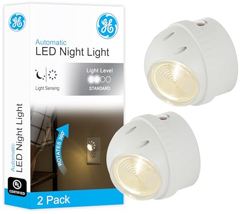 GE Rotating Plug in Night Light, Home Decor, Apartment Essentials, LED Lights for Bedroom, Ambient Lighting, Dusk to Dawn Sensor, Nightlight, Bathroom, Dorm Room, 2 Pack 50331