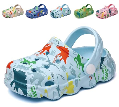 Sabots Mules Enfant Garcon Fille Pantoufles Chaussures de Jardin Dinosaur Chaussons Été Sandales de Plage Maison Antidérapant Chaussons Bleu Clair EU 28/29 (Taille de l'étiquette 180mm)