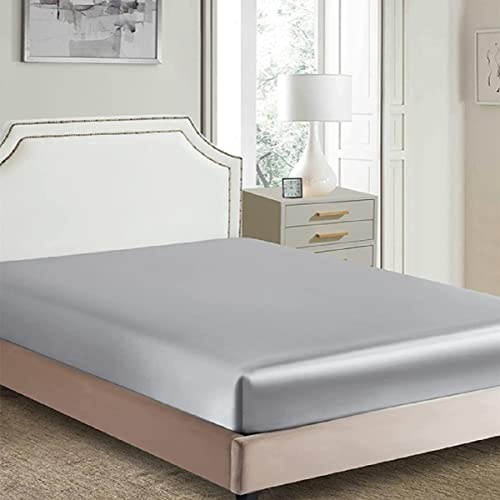 Silky Satin Fitted Sheet Only Classic Luxury Silky Soft Bed Sheets Solid Color (Grey, King(150/160x200+30cm))