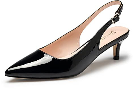 GENSHUO Slingback Pumps für Damen Elegante Kitten Heel Schuhe 5 cm/1,97 Zoll Spitze Lack High Heels mit Geschlossenen Zehen Absatzschuhe für Abend Hochzeit Büro, Schwarz 37,5EU