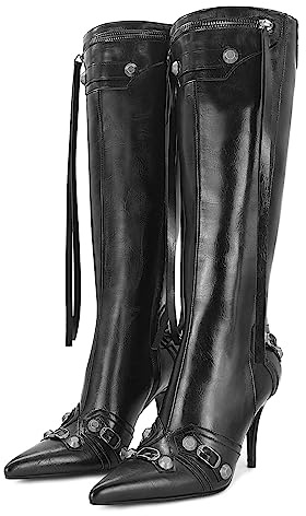 Dsevht Stiletto Black Knee High Boots for Women Sexy Pointed Toe Rivets Tassel Fashion Studded High Heel Tall Long Boot Zipper