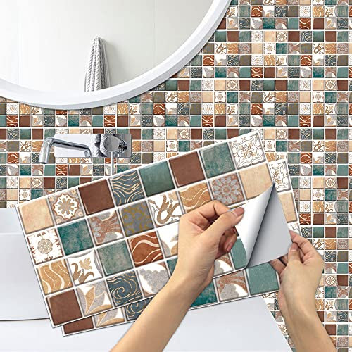 Alwayspon 12 adesivi per piastrelle effetto mosaico, 30 x 15 cm, effetto mosaico, adesivi da parete per cucina, bagno, piastrelle adesive in vinile da incollare sulle piastrelle