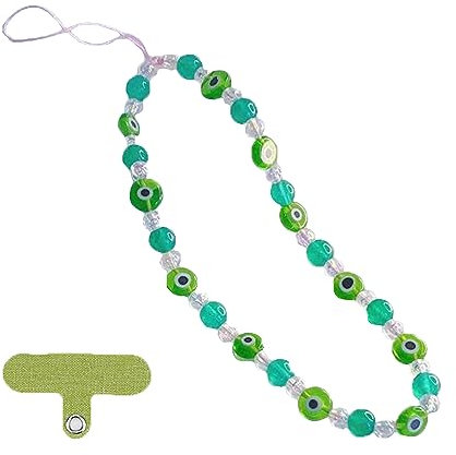 Lanière de téléphone portable 1 pc avec patch, lanière perlée à motif d'oeil, chaîne de téléphone anti-perte, lanière de cou et de poignet, Pour téléphones portables, clés, cartes d'identité (verde)