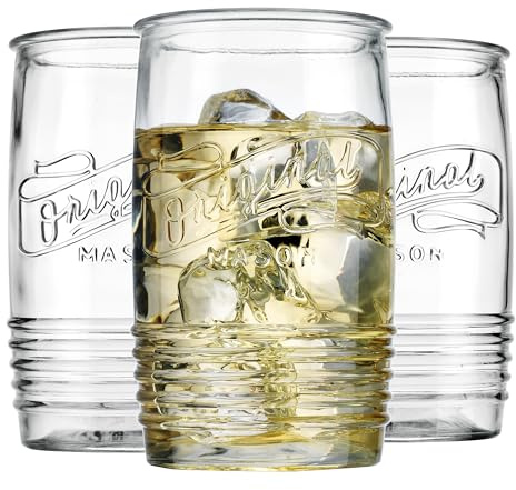 Glaver's Set of 8 Tumbler Glass Cups 20 OZ Mason Stemless Tall Drinking Glasses For Everyday Use, Modern yet Vintage Original Mason Logo Glassware for Bar, Water, Beer, Juice.
