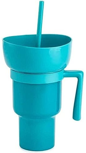 tinysiry Vaso 2 en 1 para aperitivos y bebidas con cuenco para aperitivos, taza a prueba de fugas, reutilizable, para viajes, hogar, estadio, palomitas de maíz y bebidas, color azul