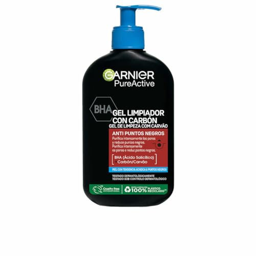 Garnier Skin Active, Pure Active Gel limpiador Anti Puntos Negros con Carbón y Ácido Salicílico purifica intensamente los poros y reduce puntos negros
