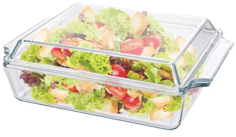 Oungy Cazuela de cristal con tapa, 2 L, rectangular, de cristal, para 2 personas, apta para horno, apta para microondas (29,3 x 20,4 x 9 cm)
