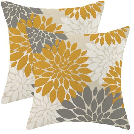 CXMEIFLY Juego de 2 fundas de almohada de 18 x 18 pulgadas, color amarillo mostaza y gris, decoración floral de dalia blanca, fundas de cojín decorativas para sofá, cama, decoración de verano