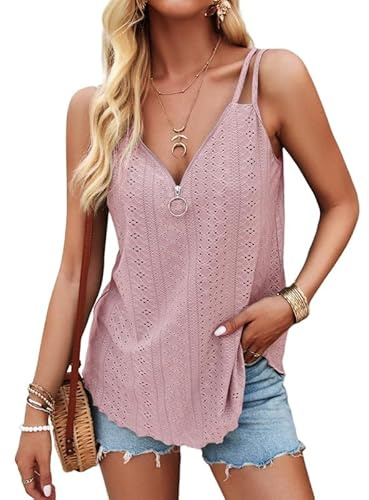 Haibang Debardeur Femme Chic et Élégant Été Top Sexy à col en V Caraco Dentelle sans Manche Bretelles Spaghetti Cami Haut Lâche Chemise Oeillet Broderie Camisole Mode Casual Tank Tops