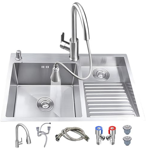 Évier De Cuisine À Domicile Avec Robinet, Évier À Linge En Acier Inoxydable À Double Cuve Avec Planche À Laver, Lavabo De Salle De Balcon De Piscine Domestique Facile À Nettoyer(Right,70x48x22cm)