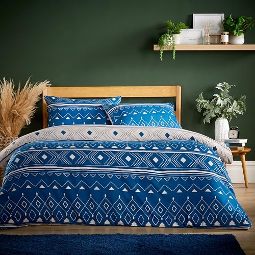 Olivia Rocco Super Soft Flannel Duvet Cover Set Quilt Bedding Covers with Pillowcases Luxurious Colourful Checked Printed Design Reversible Pattern for Comfort Sleep, Oslo Sapphire Double