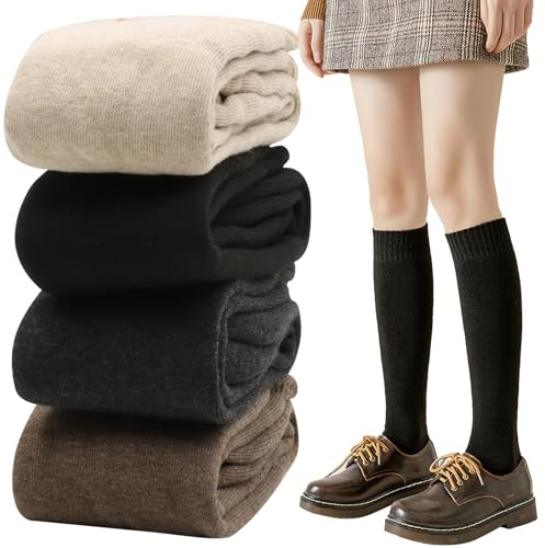 VEGCOO 4 Pairs Welly Socks, Cotton Knit Stockings Socks Autumn Winter Thermal Wellington Boot Sock Long Calf Slouch Warm Sock, Soft Thickening Long Knee High Socks for Women Girls Ladies, UK 4-8