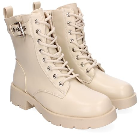 86706 Botines de Tacon para Mujer, Comodos y Elegantes, Detalle de Hebilla, con Suela Dentada, Punta Redonda, Cierre de Cordones y Cremallera Lateral, Ideales para Otono-Invierno. Beige Talla 36