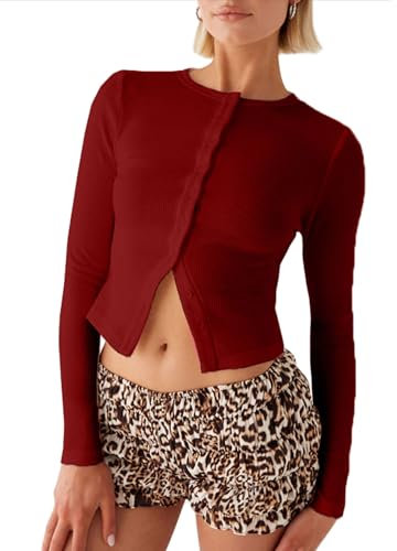 YILEEGOO Women's Ribbed Front Button Long Sleeve Tops Slim Fit Going Out Short Tops T-Shirt Club Tops Aesthetic Tops Shirt Streetwear (Wine Red, L)
