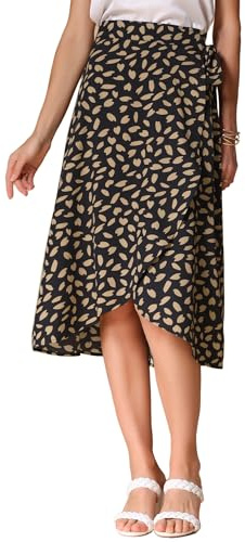 Allegra K Jupe Floral Portefeuille Femme en Mousseline de Soie Jupe Mi-Longue Imprimée Nouée sur Le Devant Jupe Fluide Fendue d'Été Noir M