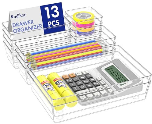 Radikor Organizer Cassetti 13 Pezzi, Organizer Trucchi Cassetti in Plastica Trasparente, 4 Dimensioni, Contenitori Cassetti per Bagno, Cucina, Trucchi, Scrivania