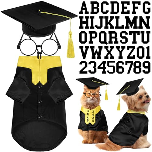 Huhumy 5 Pcs Dog Graduation Costume Set Include 2026 Pet Graduation Gown with Stole Puppy Grad Cap Lensless Glasses DIY Letter Stickers for Dogs Cats Holiday Costume Accessory(Black Yellow,S)