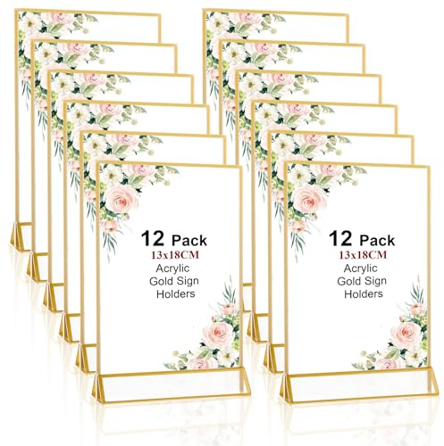 LDHHYH 12 Stück Aufsteller A5 Gold, 13x18cmGoldener Doppelseitiger Bilderrahme, Acryl Tischkartenhalter, A5 T-Ständer Tischaufsteller, goldener tischaufsteller für Präsentation, Hochzeit, Restaurants