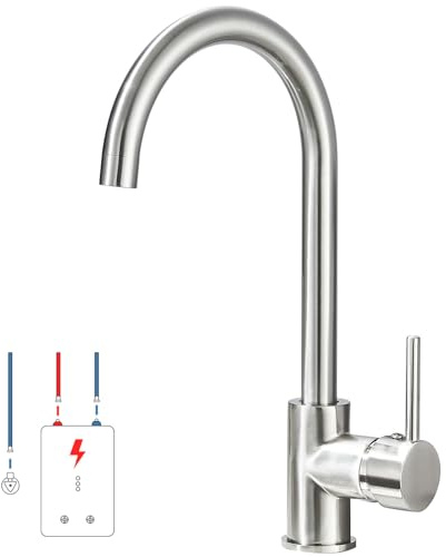 Niederdruck Armatur Küche 360°Drehbar Wasserhahn Küche Niederdruck mit 3 Anschluessen Fuer Boiler Einhebel Küchenarmatur,Gebürstetes Nickel