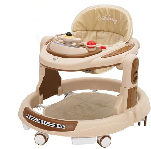 Baby gåstol, baby walker justerbar höjd i 4 steg med musikhylla och lekcenter, gåvagn med tyst 360°-hjul, gåvagn för barn från 9 till 18 månader