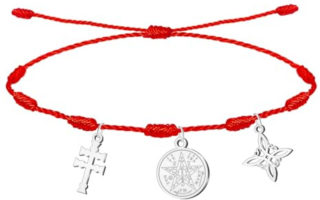 cotigo- Pulsera Nudo Rojo Ajustable de Protección y Suerte con Tetragramaton, Nudo de Bruja y Cruz de Caravaca – Acero Inoxidable – Amuleto Espiritual Unisex (Cruz Caravaca Plateado)