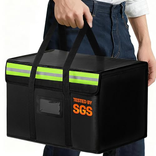 Amerbro Fireproof Document Bags, Fireproof Document Box for Cash, Photo Albums, Valuables, Extra Large Fireproof Bag Waterproof Document Storage with Reflective Strip, 15x12x12in, Black