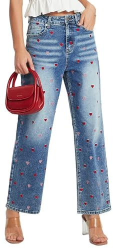 Kedera Women’s Embroidered Heart Boyfriend Jeans Mid Rise Baggy Stretchy Jeans Dropped Fit Ankle Length Pants 2026 Blue