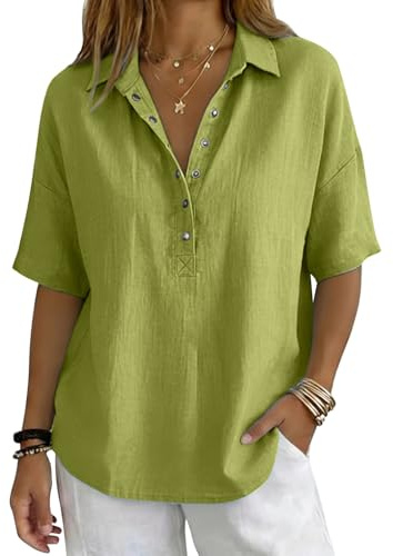 Blouse Femme Chic et Élégant Col V Manches Courtes Couleur Unie Tunique Femme Grande Taille en Coton et Lin Ample Fluide Vetement Ete Gaze Double Chemisier Chemise Longue