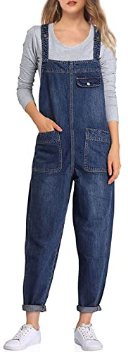 Sukany Overol de mezclilla holgado para mujer, estilo informal, con peto, estilo harén, azul oscuro, L