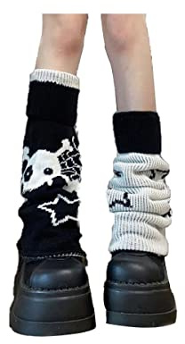 QXFQJT Kvinnor flickor benvärmare Y2k stjärna skalle Harajuku Gyaru japansk gotiska benvärmare stickad randig långt benskydd, Svart, Adjustable