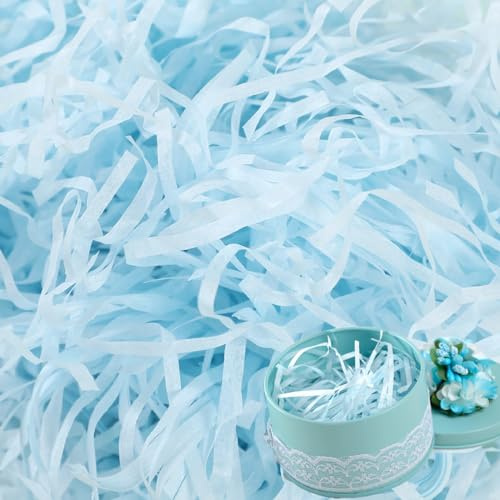 PMELCXD 200g Carta Velina Tagliuzzata,Shred Carta Velina,Paglia per Bomboniere,Raffia Cestino per Regali di Riempimento,Riempimento Regalo Imballaggio Decorazione Forniture per Feste,Azzurro