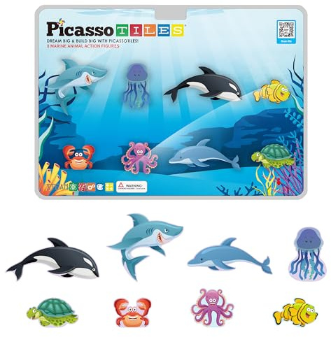 PicassoTiles Bloques de construcción de azulejos magnéticos, 8 figuras de acción de animales marinos, compatibles con accesorios magnéticos, juego de juego para niños, juguetes educativos, aprendizaje