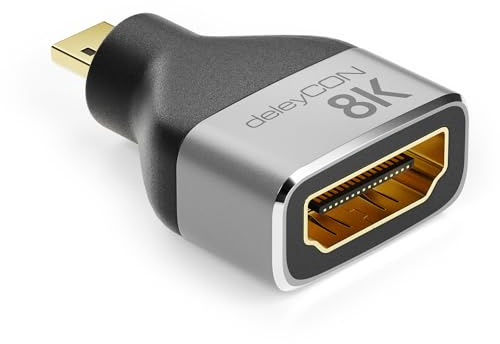 deleyCON Micro HDMI Adapter Kopplingskabel Anslutning 8K@60Hz / 4K@120Hz UHD 7680x4320 Aluminium HDMI 2.1 ARC HDR10+ Dolby Vision VRR ALLM 48Gbps Grå Svart