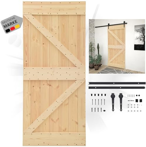 DELUKE® Schiebetür Komplettset KEOR rustikal | 80x210cm, Kiefernholz Tür mit Beschlag | Holzschiebetür Scheunentür Schiebetüren Holztür Schiebetürsystem Zimmertür Innentür